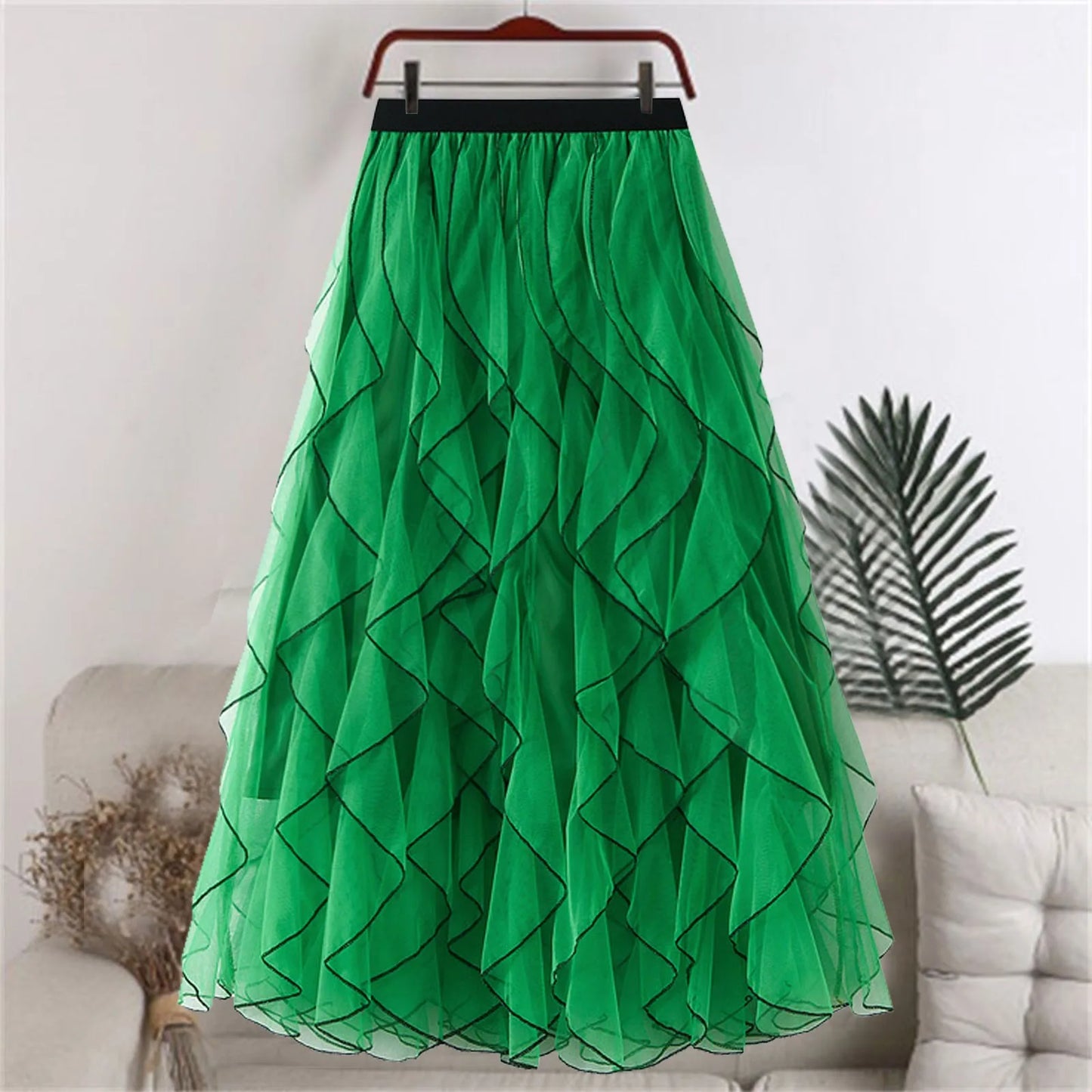 Autumn New Wave Pattern Fairy Mesh Ruffle Skirt High Waist A-Line Large Swing Long Skirt Women'S Half Body Skirt Ropa Para Mujer