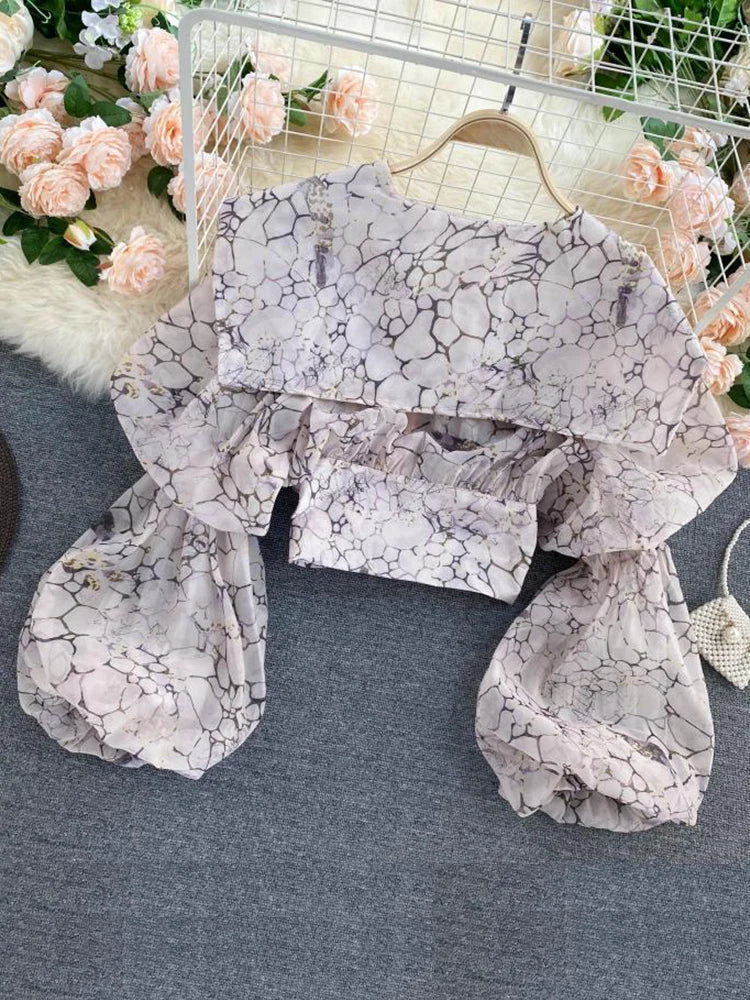 Women's  Autumn Spring Blouse European Court Style Retro Puff Sleeve Big Lapel Short Zipper Printed Shirts Female Blusa PL541