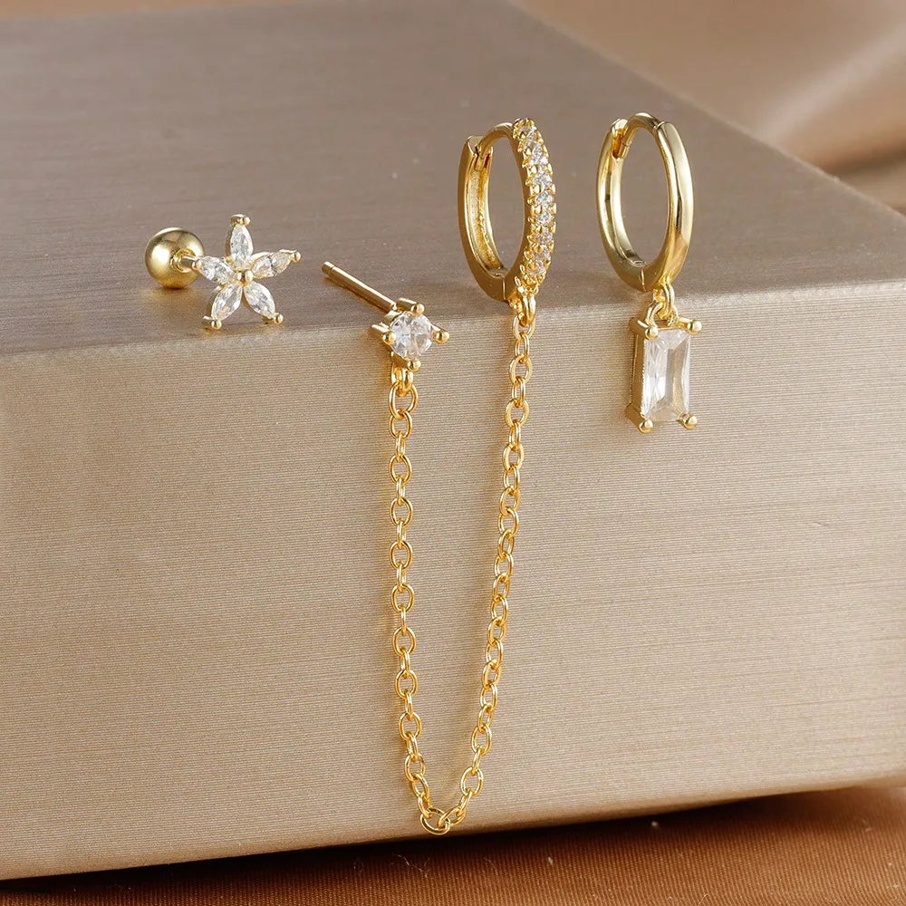 3PCS Set Stainless Steel Crystal CZ Butterfly Ear Stud Earring Gold
