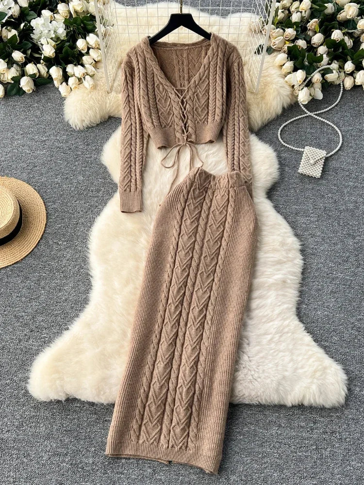 Autumn Elegant Sweater 2 Piece Set Women Hollow Out Frenum Top + High Waist Bodycon Split Skirt Female Solid Knitted Suits New