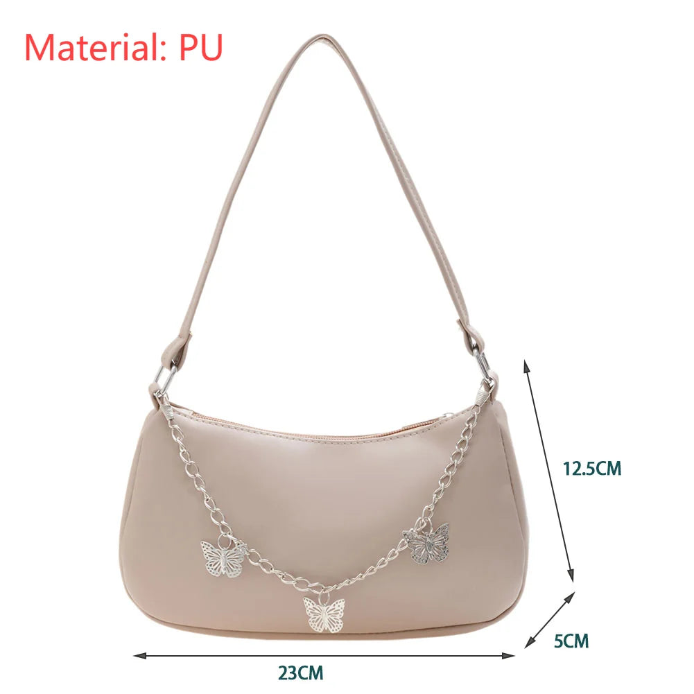 Retro Butterfly Chain Underarm Bag Women‘s Fashion Solid Color Shopping Shoulder Bag Travel Casual Small Handbags for Women