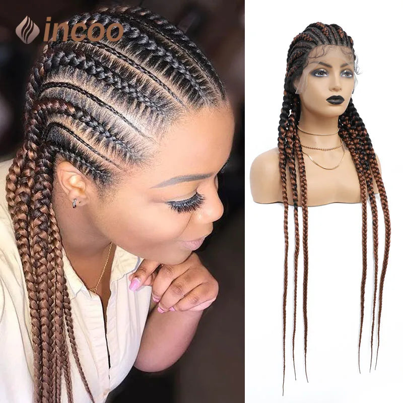 36 Inches Cornrows Braided Wigs Synthetic Full Lace Wig For Black Women Jumbo Braided Wigs Lace Frontal Faux Locs Box Braids Wig