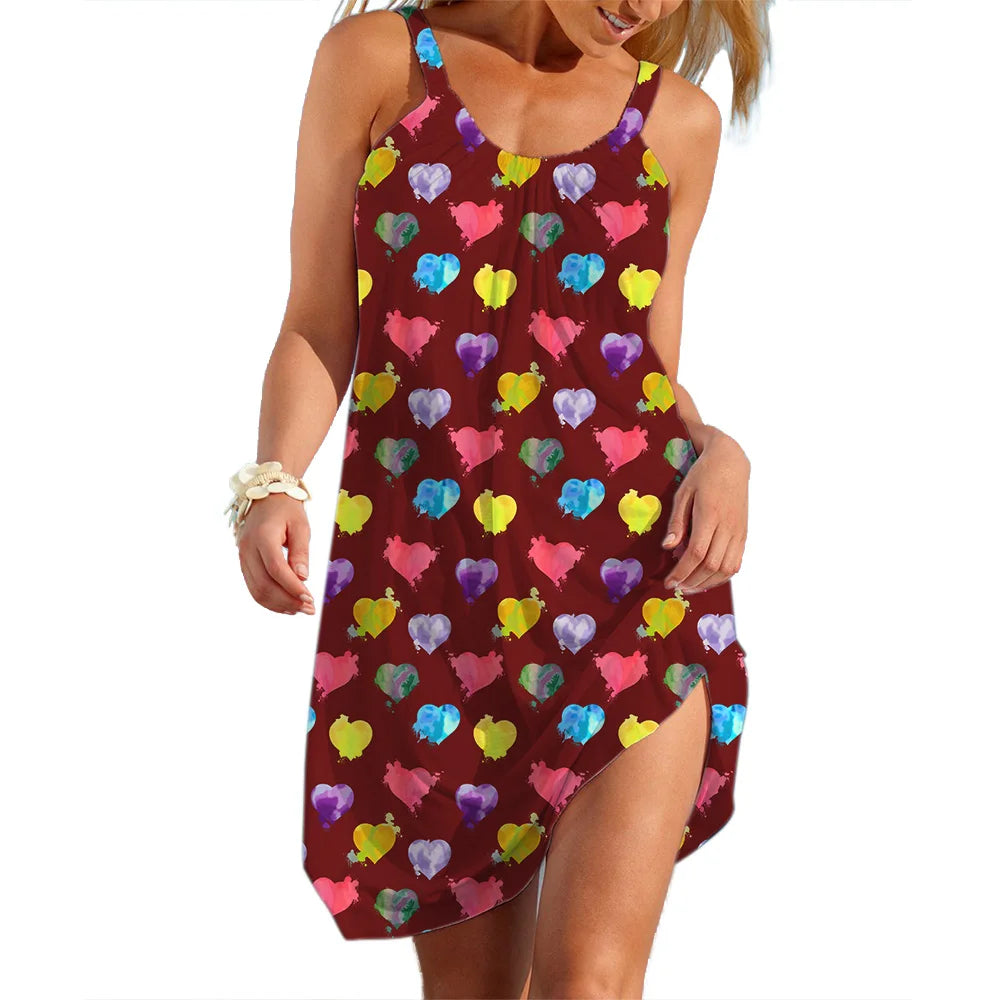 Women's Slip Dress Heart Shape Casual Beach Clothes Summer Woman  Seaside Skirt Streetwear Lady Soft Dresses Sleevesless Tops