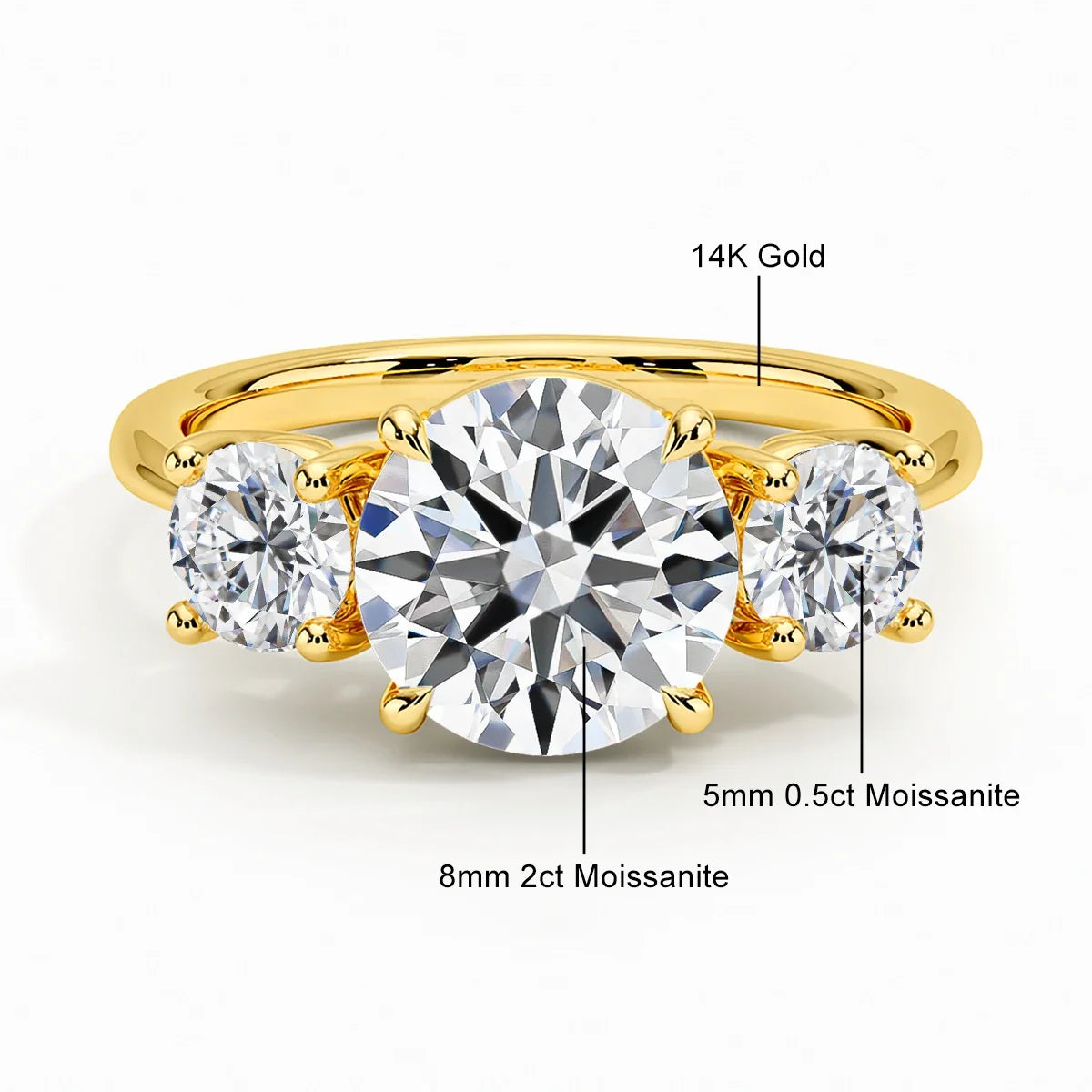 3 Stone D Color Moissanite Diamond Ring 14K Gold Engagement Wedding