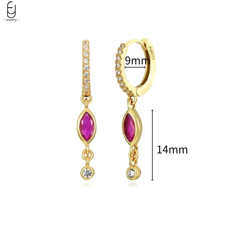 925 Sterling Silver Needle Rose Red Crystal Stud Earrings For Women Water Drop/Heart Pendant Gold Earrings Fashion Jewelry Gifts