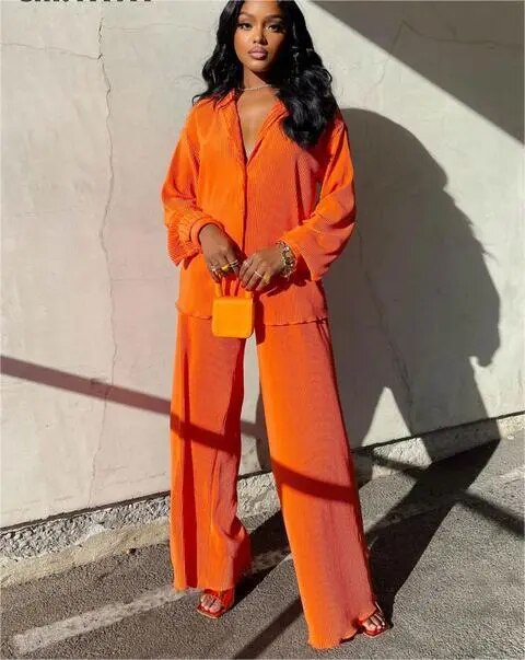 Women's Orange Long Sleeve Shirt Suit, Chiffon Tops, Wide Leg Pant, Sexy 2-Piece Set, Street Sweatsuit, Fitness Pit Strip Jacket