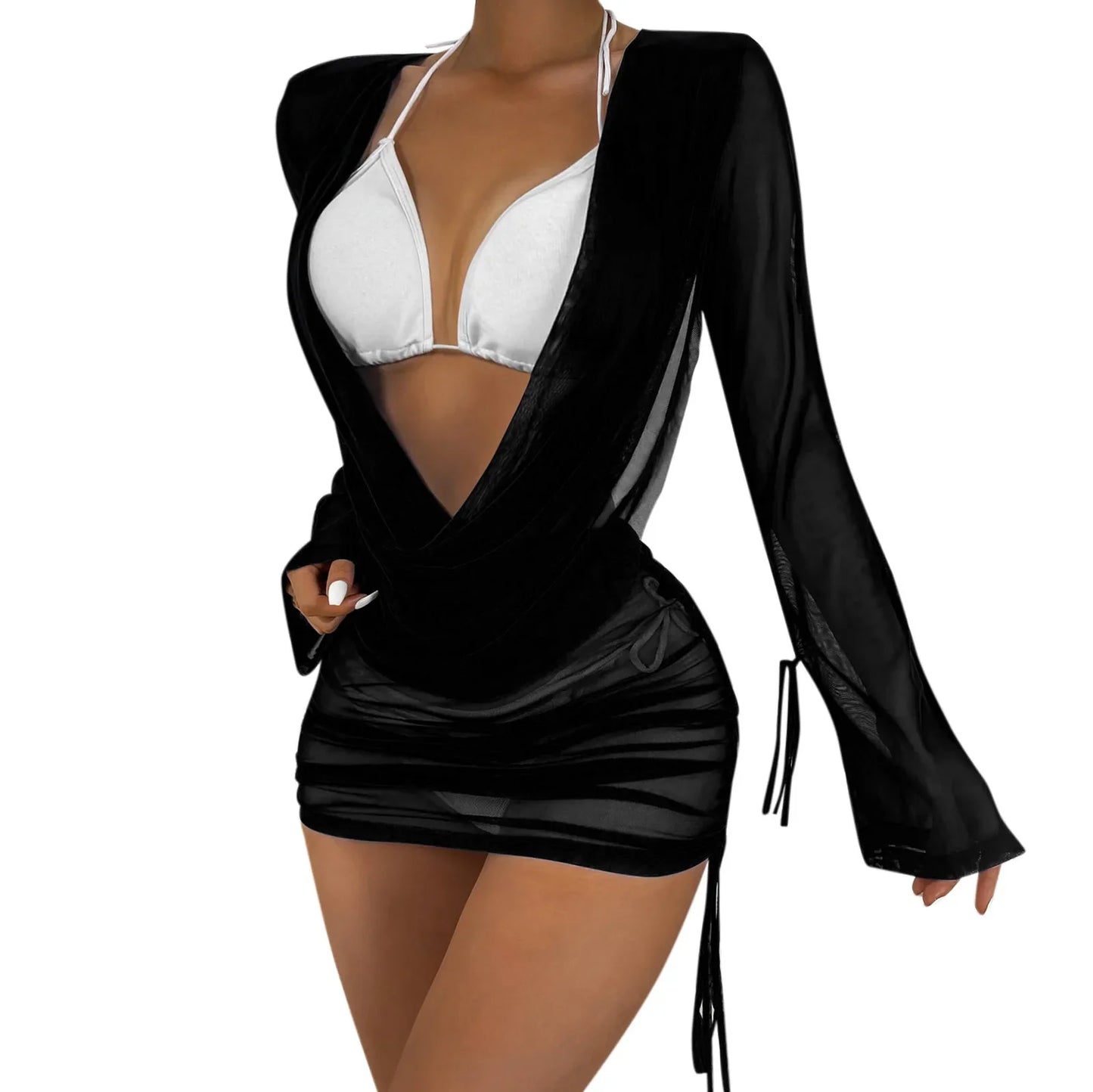 Beach Cover Ups Swimwear Women Draped Front Drawstring Knot Backless Mesh Bikini Set Without Lingerie купальник 2024 тренд