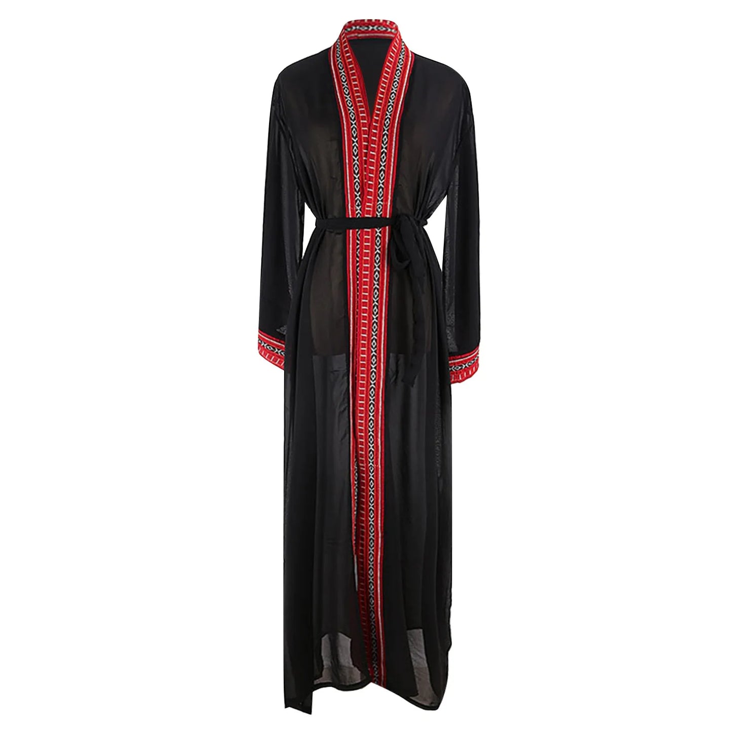 White Chiffon Long Maxi Kimono Cardigan Women Beach Cover Up Embroidery Edge with Belt Tunica Kaftans Femininos Beachwear 2024