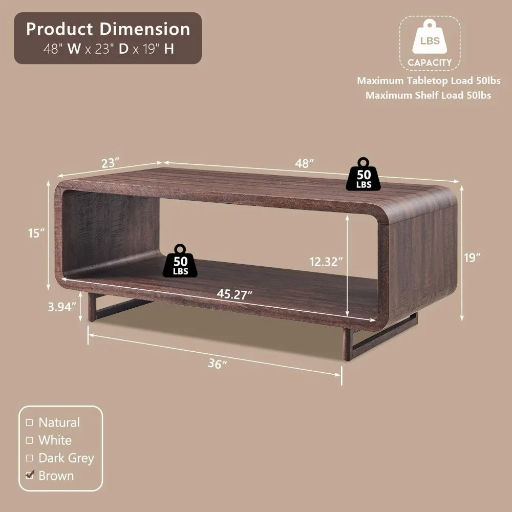 48" Modern Coffee Table, 2-Tier Minimalist Design with Storage Shelf, Curved Profile for Living Room.