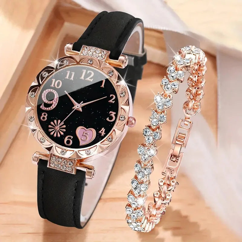 2/1PCS Fashion Heart Dial Women's Watches Luxury Leather Band Quartz Watch Rhinestone Bracelet Set Female Relogio Feminino