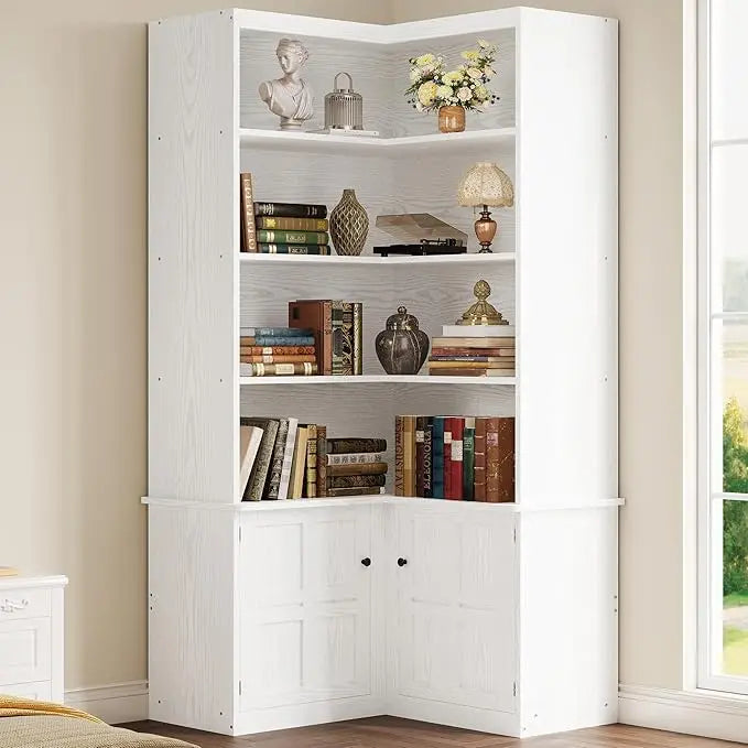 Corner Bookshelf with Doors, 6 Tier Bookcase with Storage, Corner Shelf with Cabinet, Large Bookshelf for Living Room.