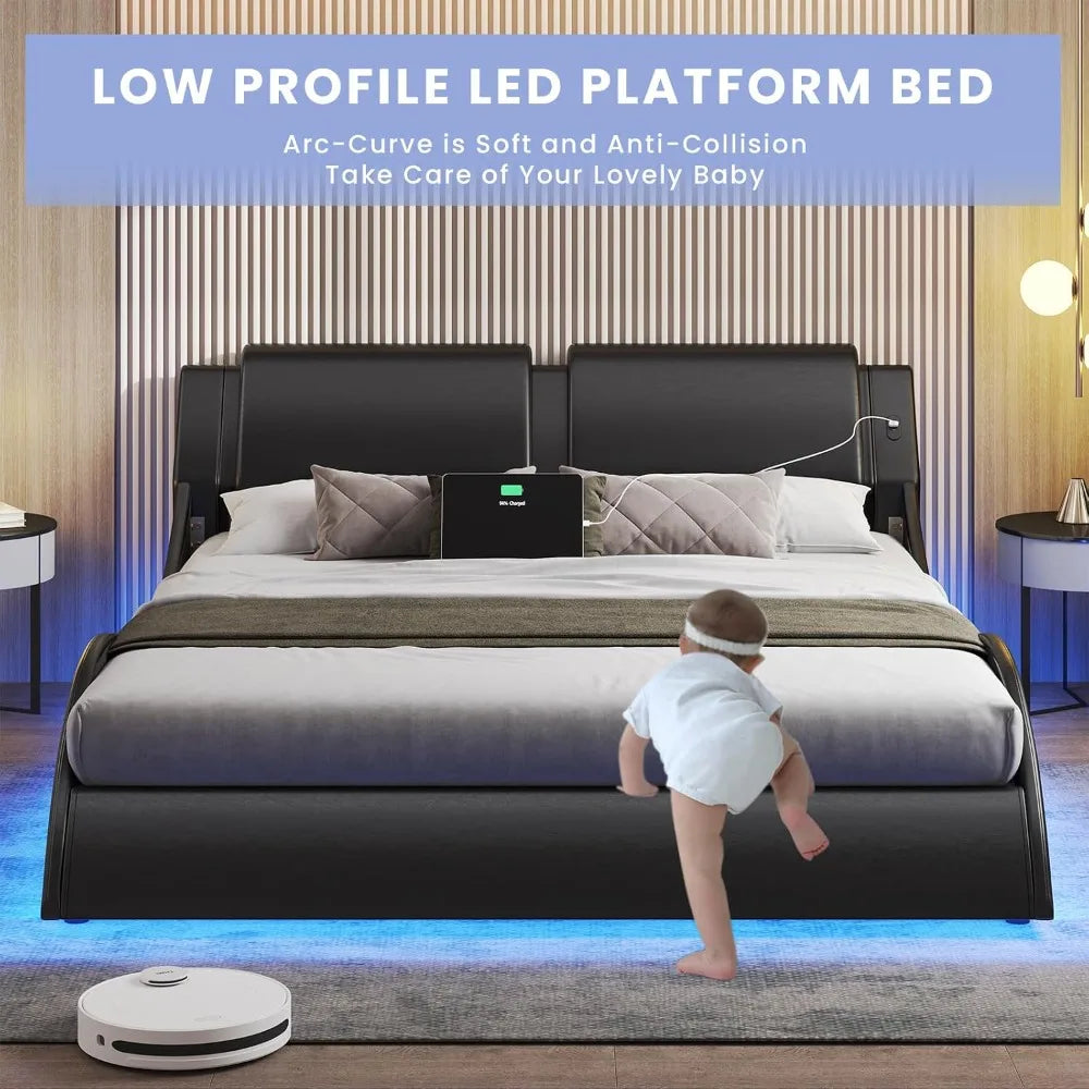 Modern Upholstered Queen Platform Bed Frame,Headboard with LED Lights & Charging Ports,Bedroom Furniture,Faux Leather, Custom