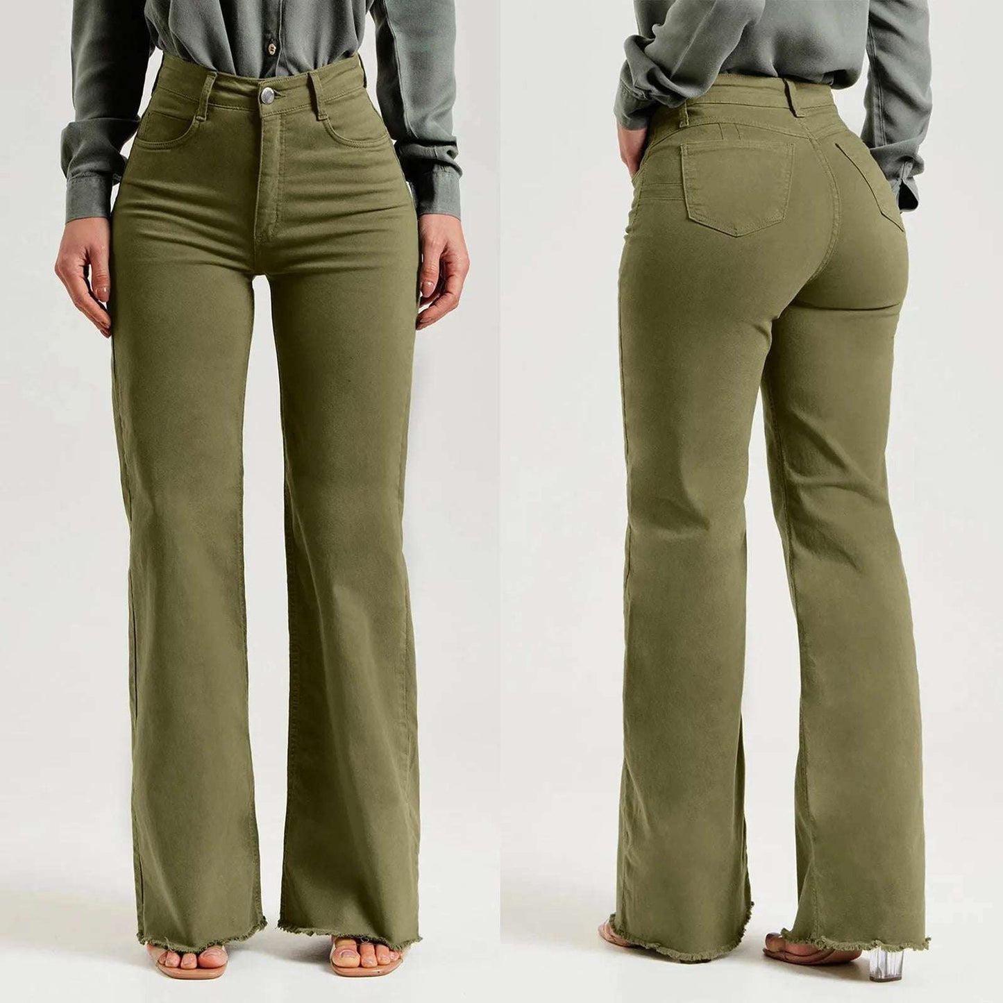Jeans For Women High Waist Womens Casual Denim Pants Jeans Green Color Bell Jeans Flared Denim Jeans 여성바지