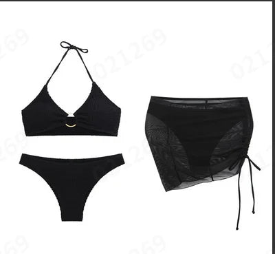 Female Bathing Suit Women'S 3 Piece Ink Wash Tie Dye Bikini Set With Sheer Sunscreen Poncho Swimsuit 2024 Summer Beach Wear