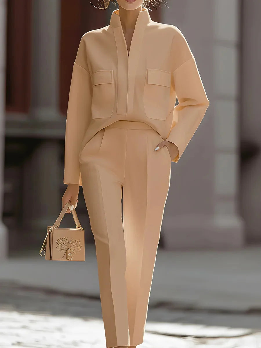 Fashionable Simple Trousers Set Loose Daily Comfortable Commuting Style Long-sleeved Stand-up Collar Top Trousers Two-piece Set