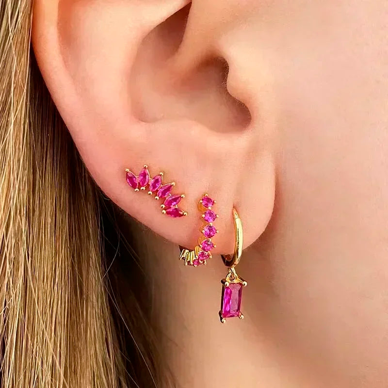 925 Sterling Silver Ear Needle Rose colors Zircon Hoop Geometric Pendant Earrings for women Luxury Fashion Wedding Jewellery2023