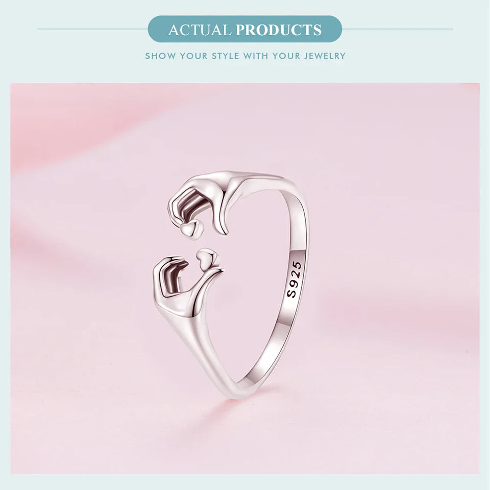 WOSTU Real 925 Sterling Silver Romantic Hand Heart Rings For Women Palm Love Couple Wedding Rings Valentine's Day Jewelry Gift