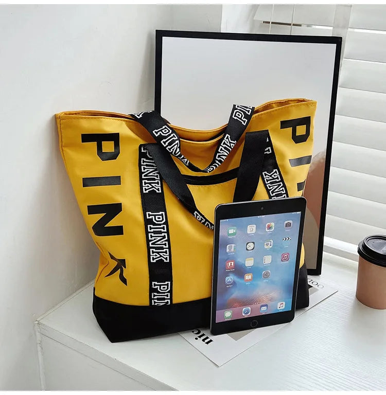 Tote Bag Capacity Canvas Women HandbagWoman Shoulder Bags Colorblock Pink Letter Graphic Tote Handbags Casual Sports Fitness