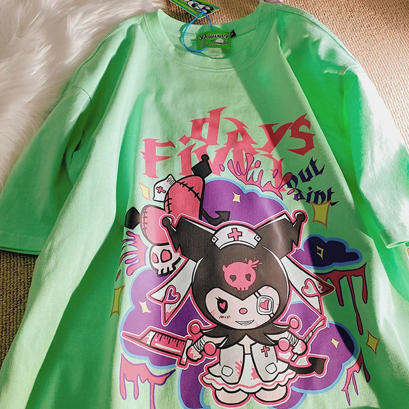 Sanrio Kuromi Summer 2023 Women's Clothes Japanese Fashion Y2k Short Sleeved White T-shirt Oversize Tops Young Girl Couples Tees