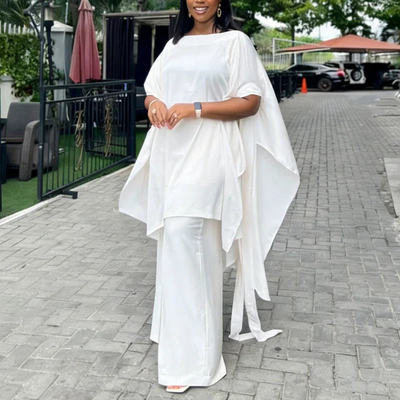 Two Piece Set Women O Neck Short Sleeve Loose Maxi Tops Wide Leg Pants Suit Fashion Elegant Simple Casual Africa Church Outfits