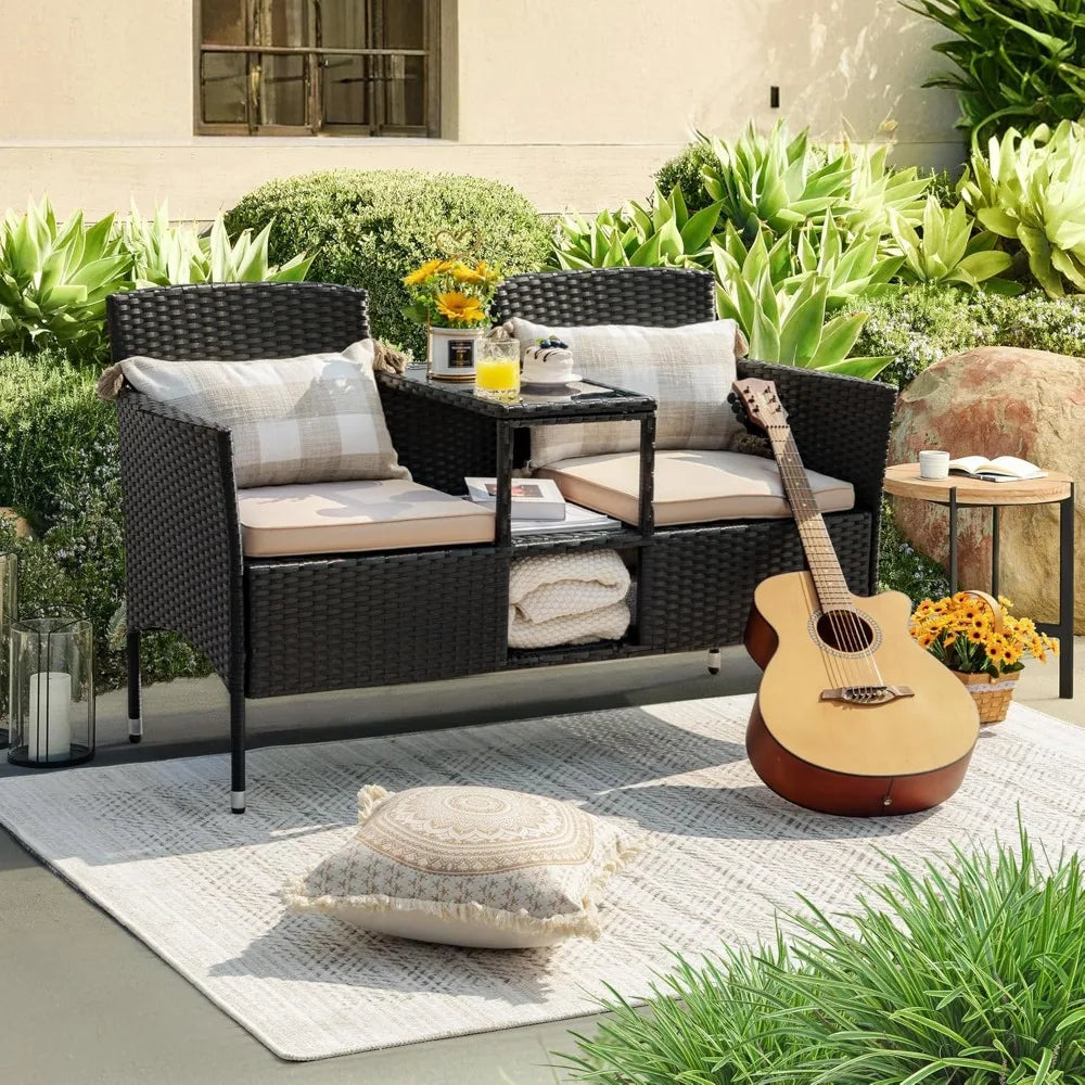 Outdoor Patio Loveseat Modern Rattan 2-Seat Patio Conversation Set with Cushions & Built-in Coffee Table