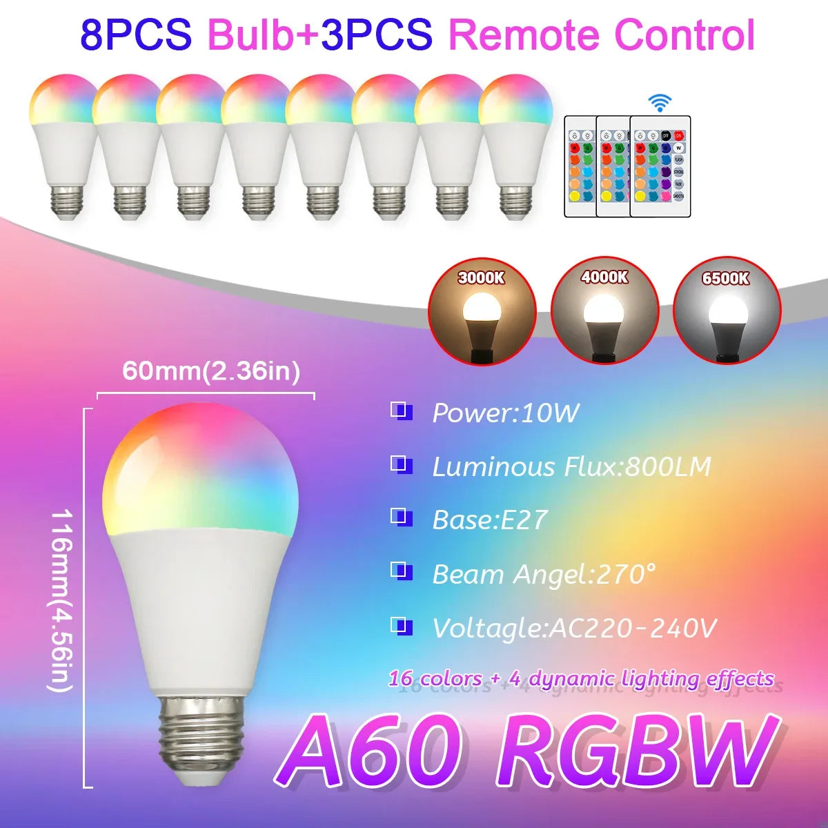 E27 RGB LED Light Bulb 220V 10W with IR Remote Control Color Changing Multicolor + White Lamp Spotlight for Bedroom Party Home