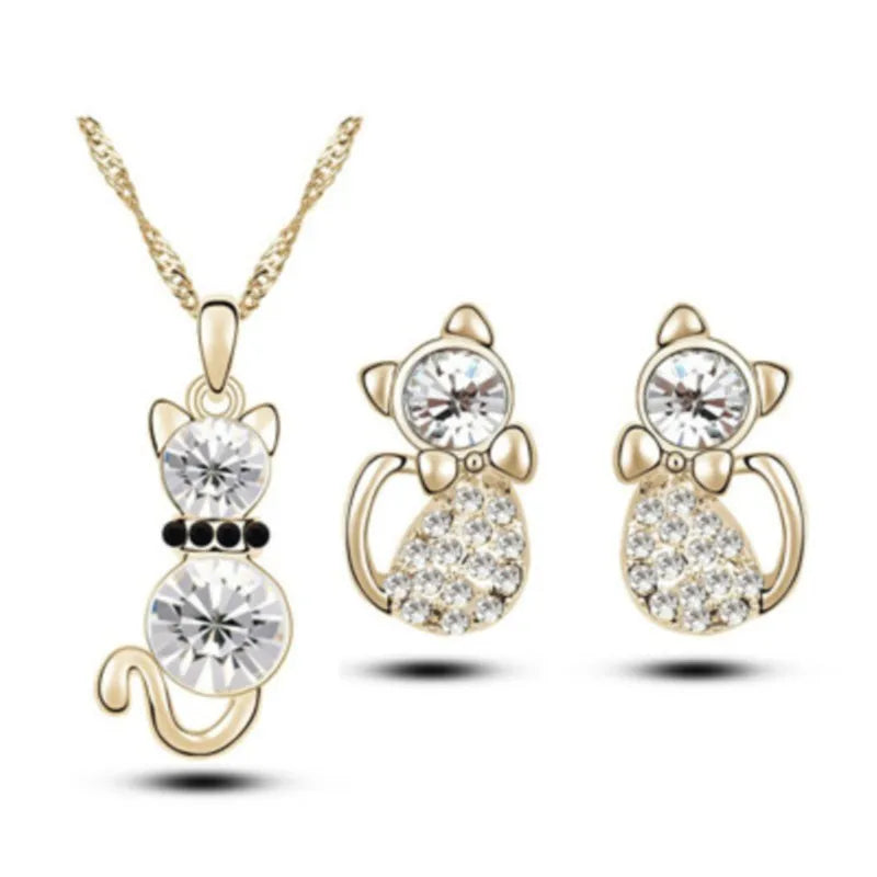 Crystal cute cat catty pendant necklace earrings quality charm lover gift fashion jewelry set birthday summer party dropshipping