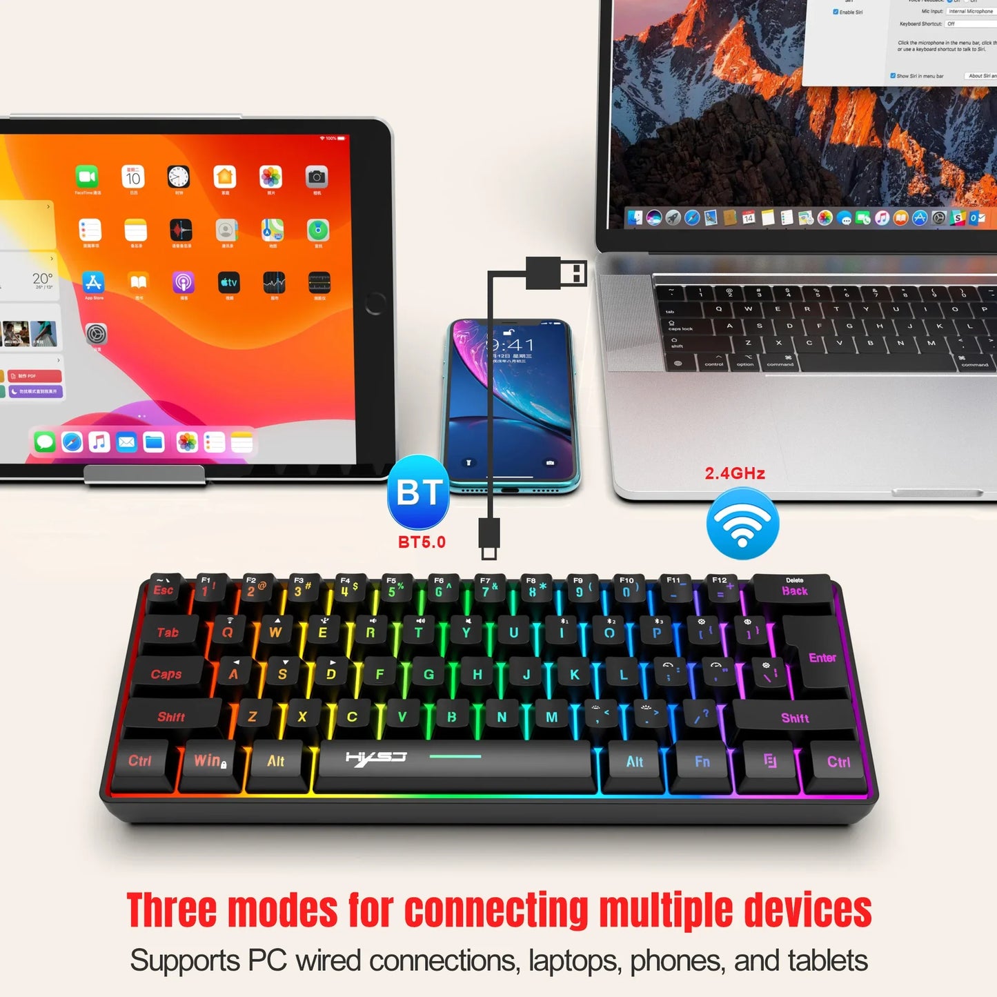 Wireless Bluetooth Keyboard and Mouse Combo, 60% Compact Design, 2.4GHz, White Gamer Set for PC