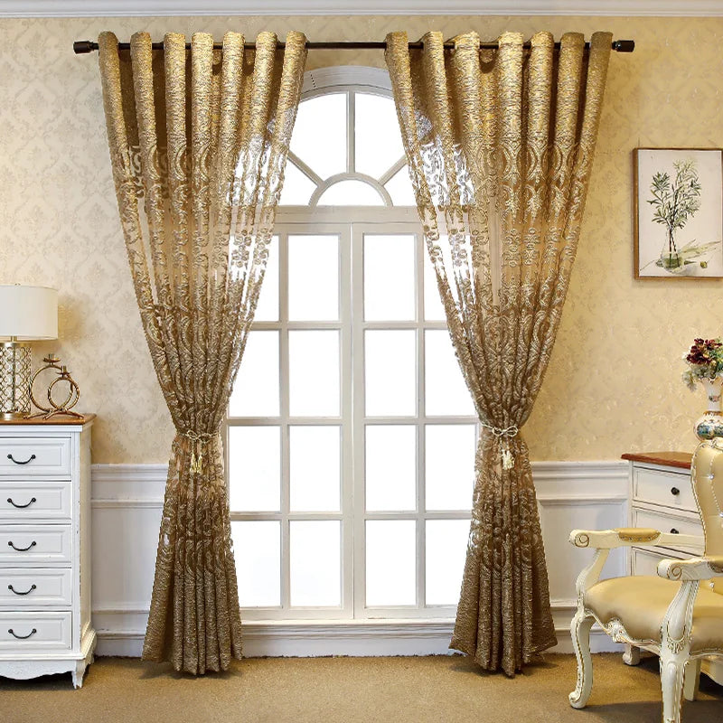 European Luxury Coffee with Golden Wire Jacquard Hollow Tulle Curtain for Living Room Palace Elgent Fabric Windows Drape ZH431#4