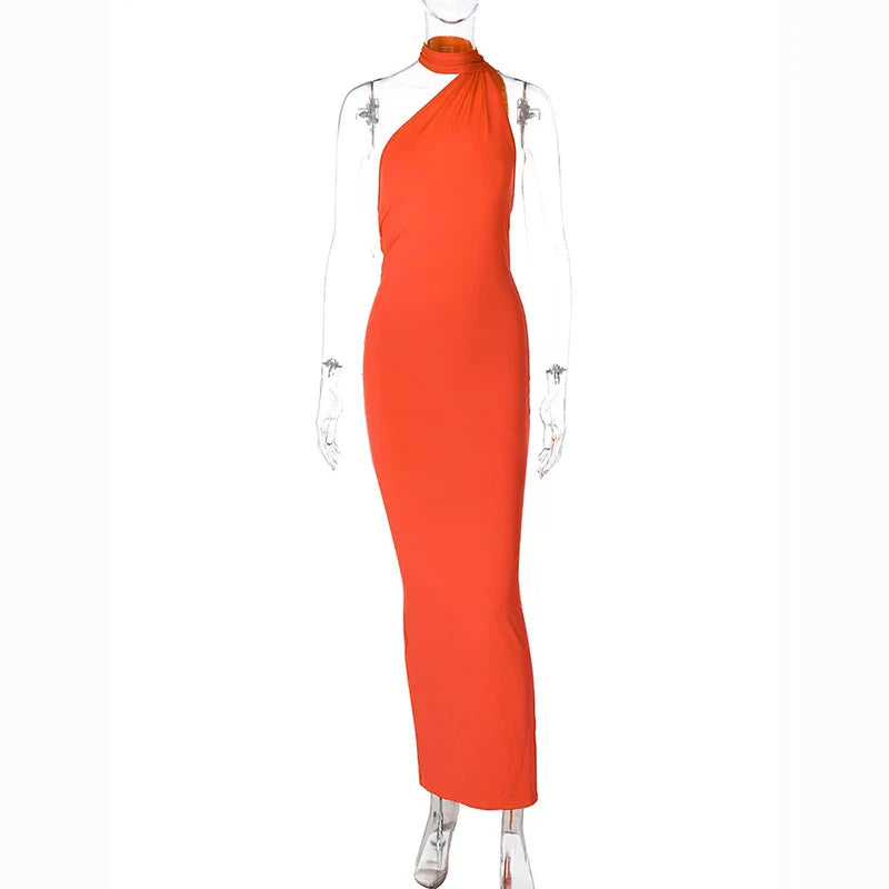 Hugcitar One Shoulder Backless Adjustable Scarf Loop Ruched Sexy Maxi Dress 2025 Women Elegant Y2K Streetwear Festival Outfit