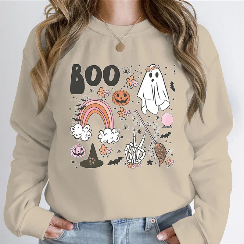 Halloween Ghost Sweatshirt Women Pumpkin Skeleton Hand Graphic Funny Hoodies The Boo Pumpkin Ghost Vintage Halloween Sweatshirt