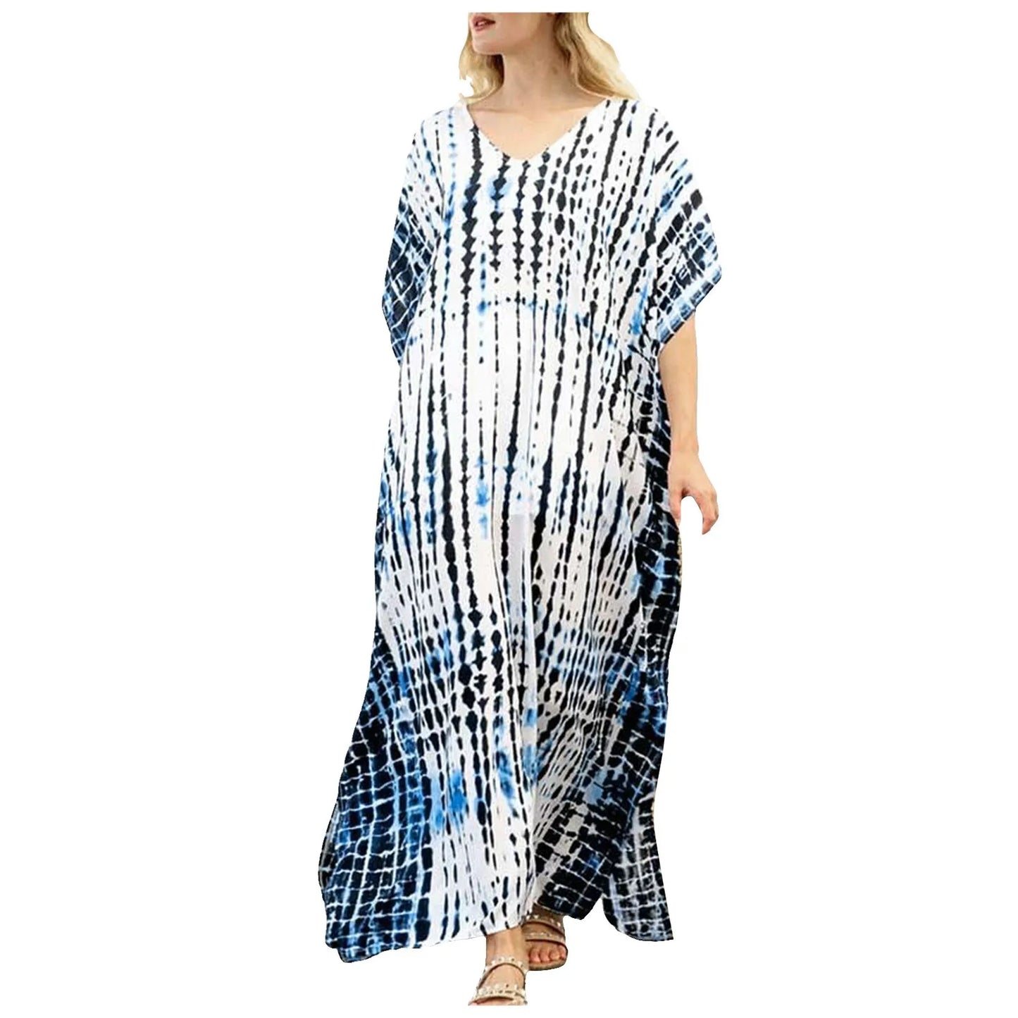Womens Plus Size Kaftans Casual V Neck Puff Sleeve Boho Loose Floral Long Soft Beach Maxi Summer Swing Party Dresses For Women
