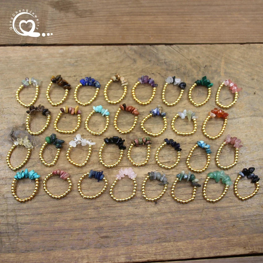 Healing Crystal Chip Stackable Rings Golds Brass Round Beads Natural Stone Gravel Stretchy Ring Fashion Women Jewelry,QC4218