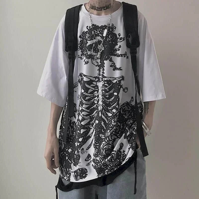 Oversized T-shirt Men 2023 Summer T-shirts Dark High Street Gothic Print Skull Cotton Short Sleeve Tee Harajuku T Shirt for Men