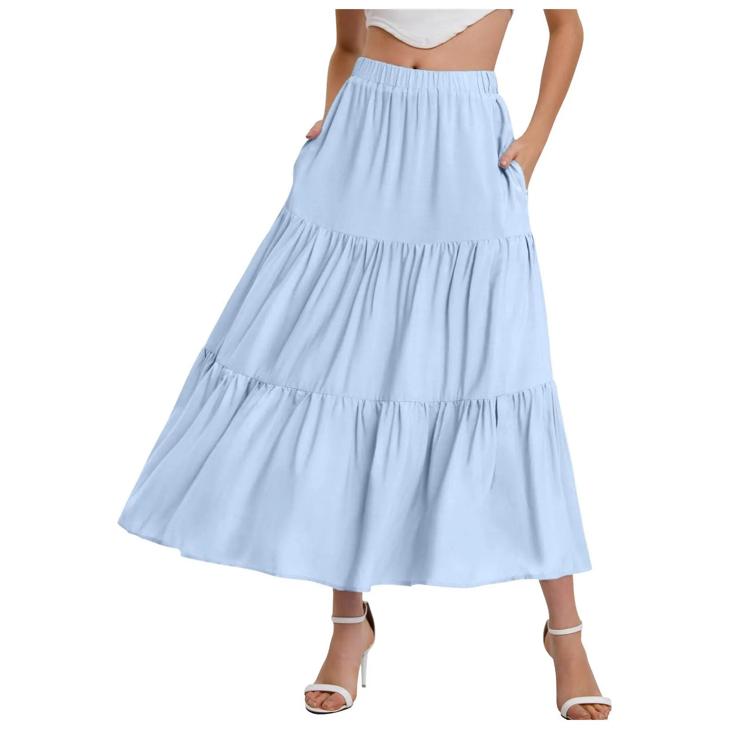 Skirts For Women Summer Bohemian Swing Beach Skirt High Waist A Line Flowy Skirts Pleated Layered Ruffle Hem Flowy A Line Skirt