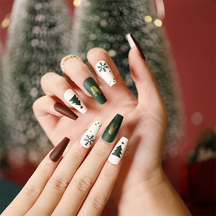 24Pcs/Set American Almond Christmas Wearing False Nails Full Coverage Press on Nails Removable Adhesive Acrylic Fake Nails Tips