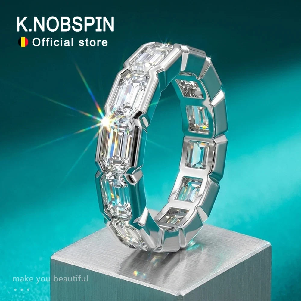 KNOBSPIN 3x5mm Emerald Cut Moissanite Eternity Band Ring D VVS1 Lab Created Diamond S925 Sterling Silver Wedding Rings for Women