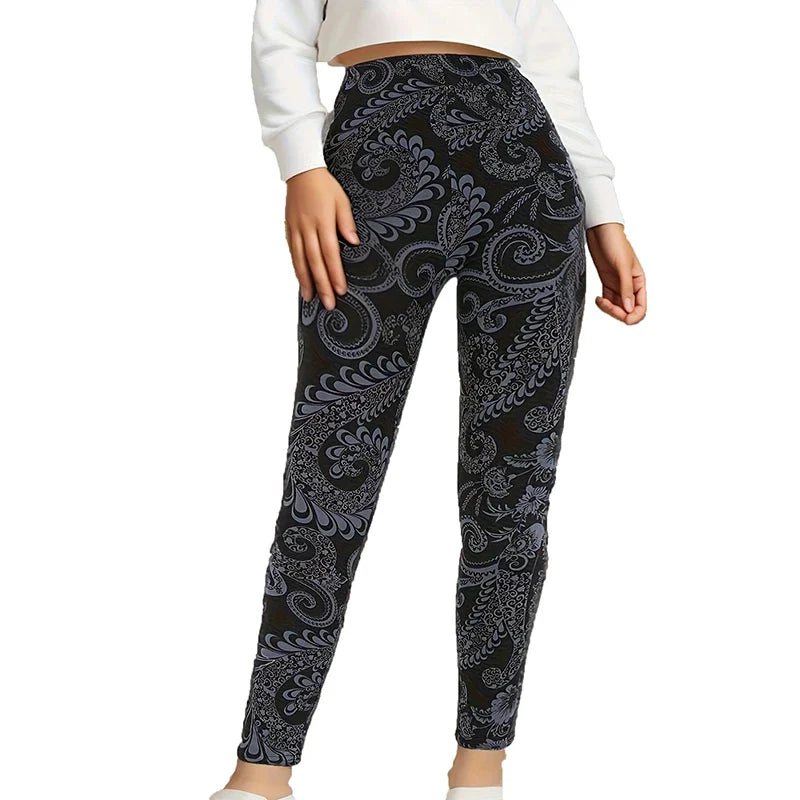 Plus Size Super Elastic Fashion Tight Pants, Black Bottom, Flower Vine pants.