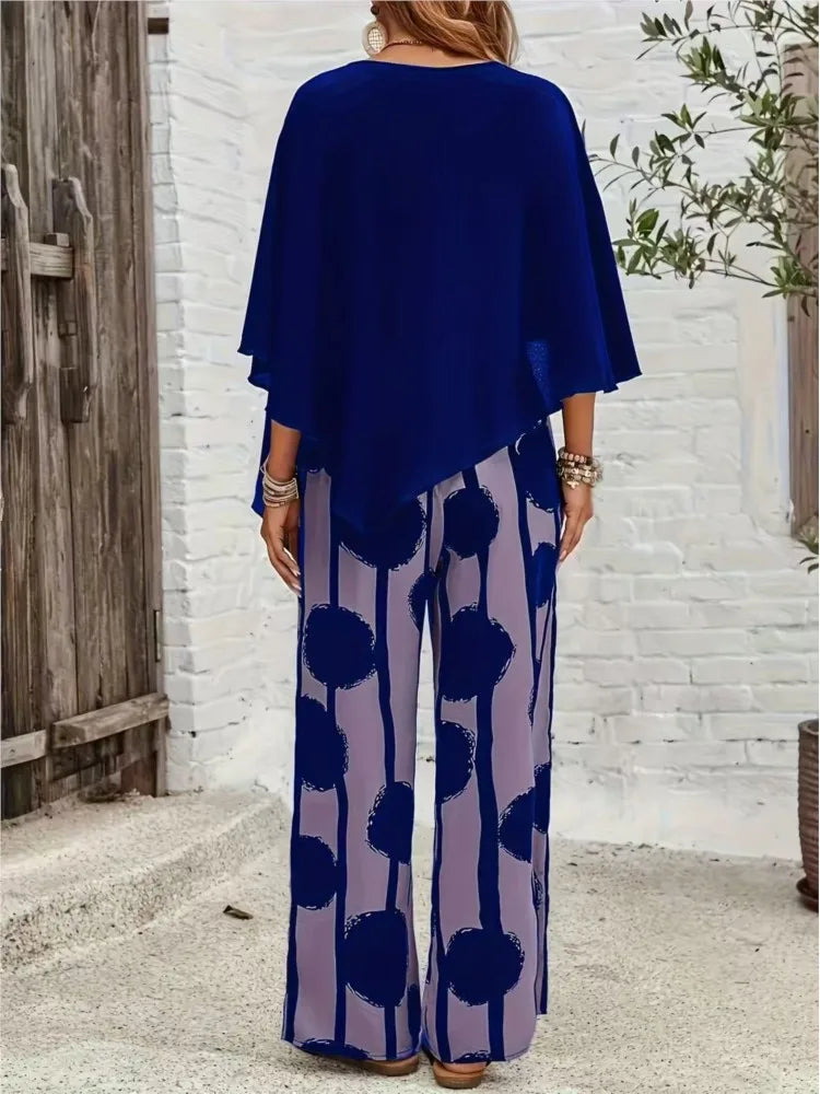 Summer Two Piece Set Printing Loose Casual Wide Leg Pants Loose Bat Short Sleeve Top Women Elastic High Waist Fashion Pants Set