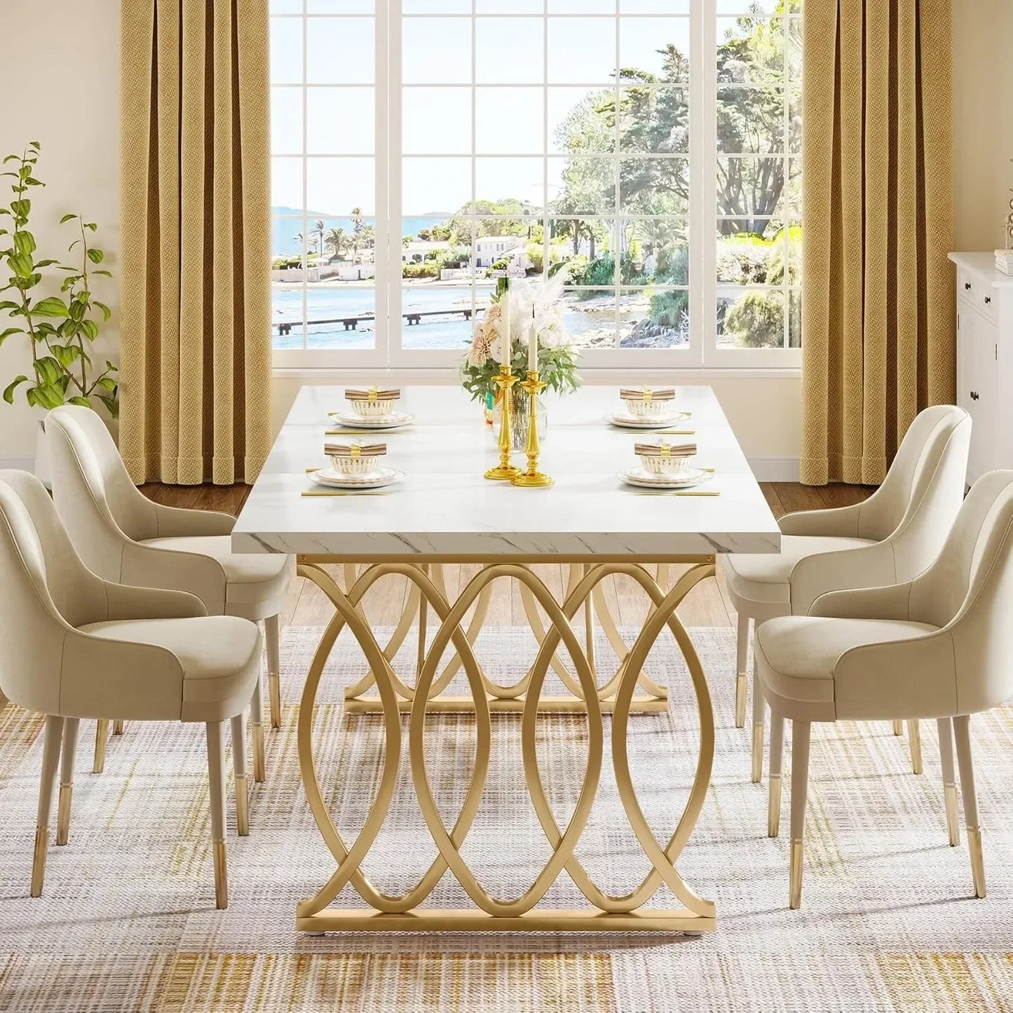 Modern Dining Table, 63" Large Kitchen Table for 4-6 People, Unique Rectangular Dinner Table.