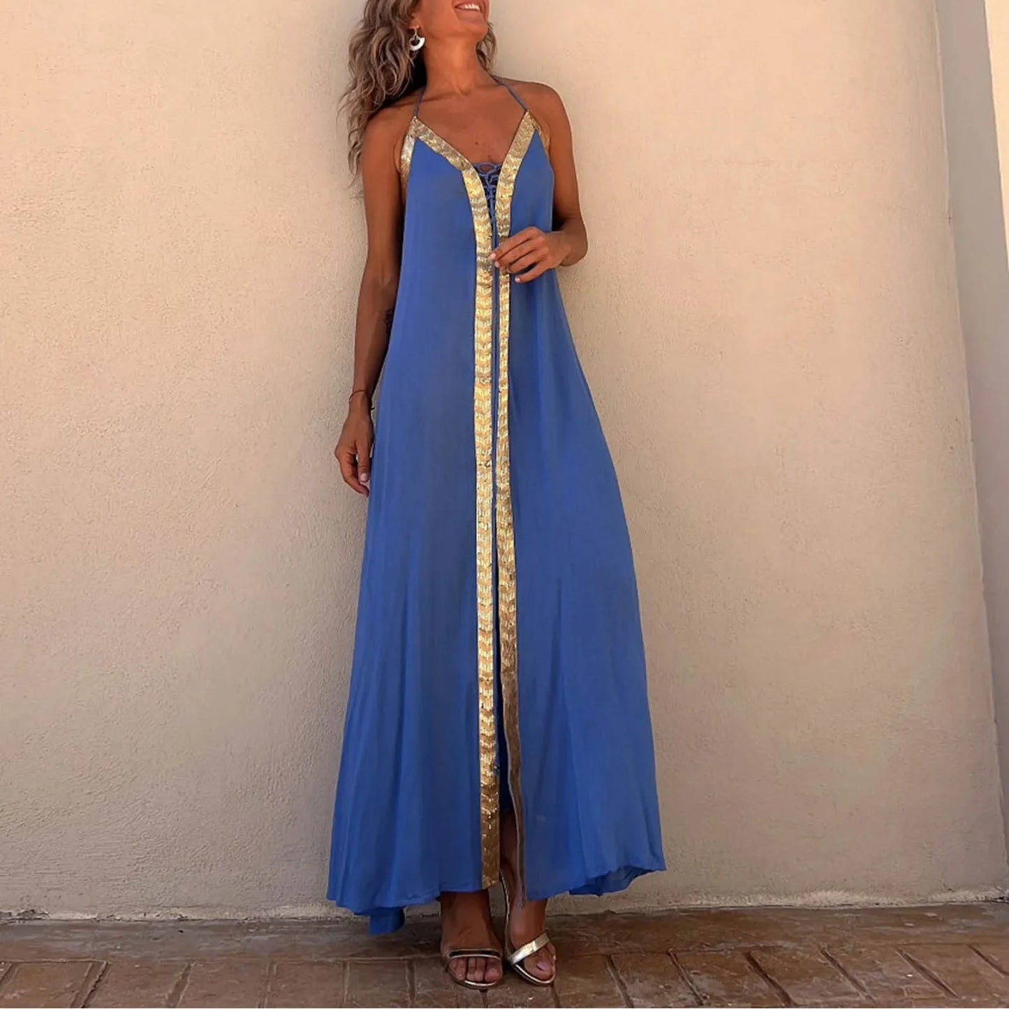 Summer Womens Boho Dresses Lace Up Halter Maxi Dress Vacation Beach Dresses Vestidos Bohemian Long Sundress платье женское