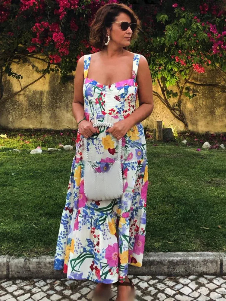ZBZA Women's Colorful Printed Dress Square Neck Mid Rise Sleeveless Hidden Zip Camisole A-line Long Skirt New Female Chic Dress