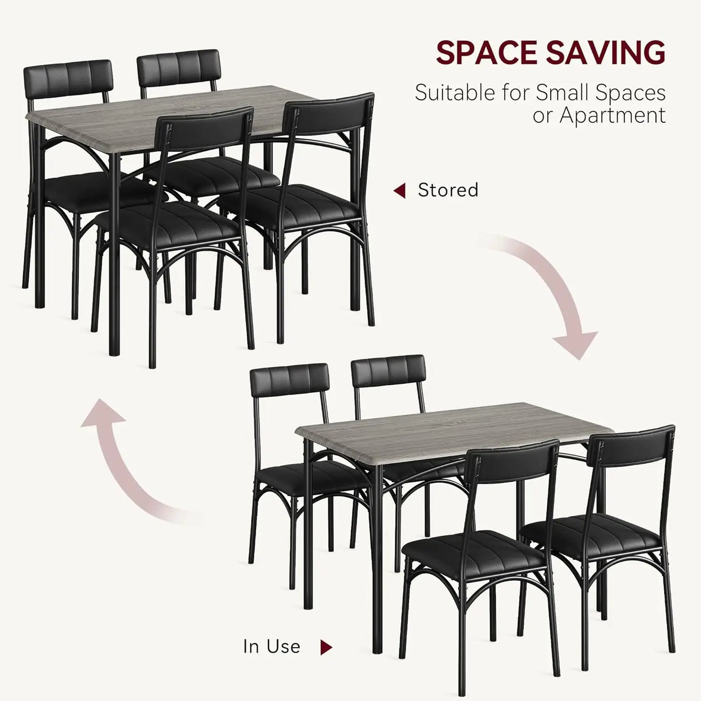 5-Piece Industrial Dining Table Set, Compact Kitchen Table & 4 Padded Chairs, Dining Room Furniture Set for Small Space.