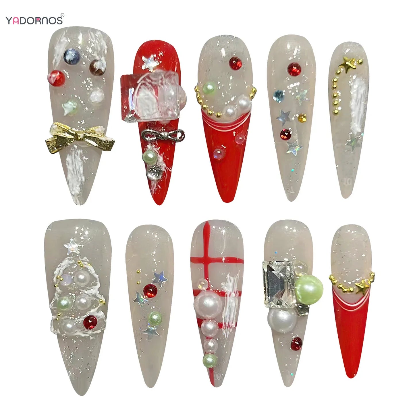 10Pcs Handmade False Nails Long Stiletto Christmas Press on Nails Red White Color Charms Star Bowknot Xmas Tree Designs Manicure