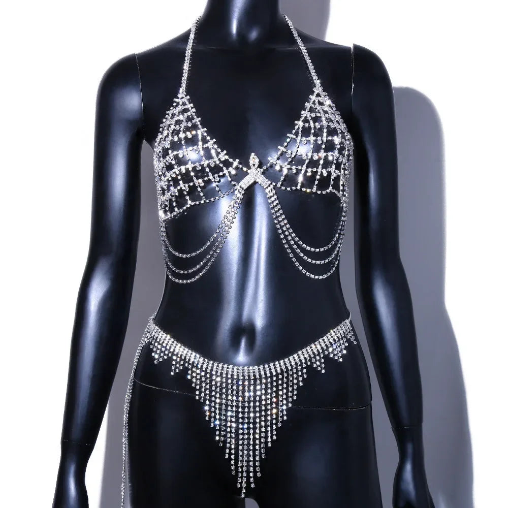 Sexy Rhinestone Bra And Thong Set For Women Bikini Nightclub Prom Body Chain Mesh bra tassel Underwear Hollow Jewelry