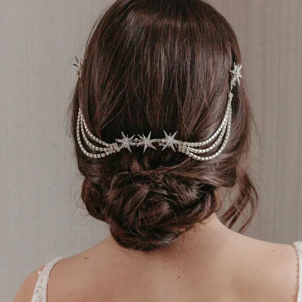 Stonefans Luxury Star Hair Comb Rhineestone Chain Jewelry for Women Vintage Bridal Tiara Multilayer Hair Chain Wedding Headpiece