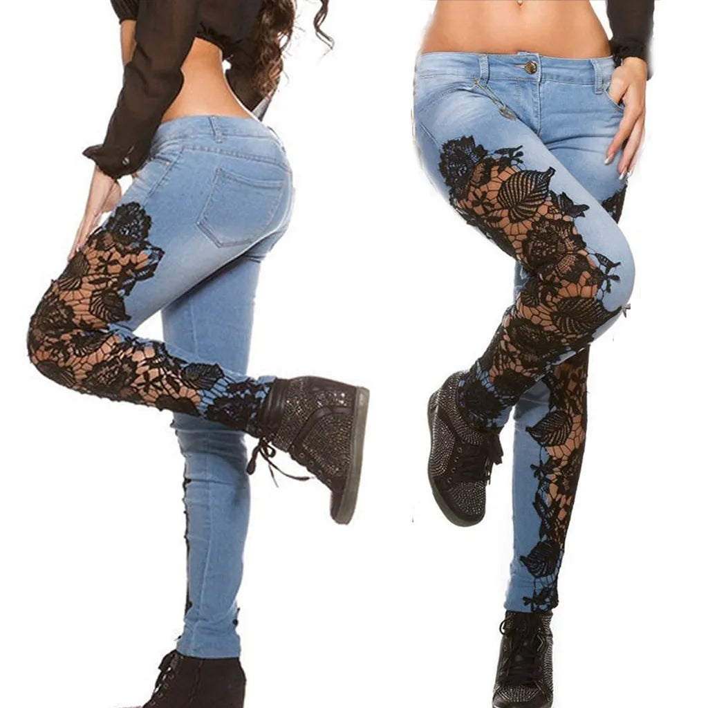 Hollow Out Floral Lace Pants Women Loose Applique Fashion Pencil Denim Jeans Women's Lifts Buttock Jeans Ladies Large Size Pants