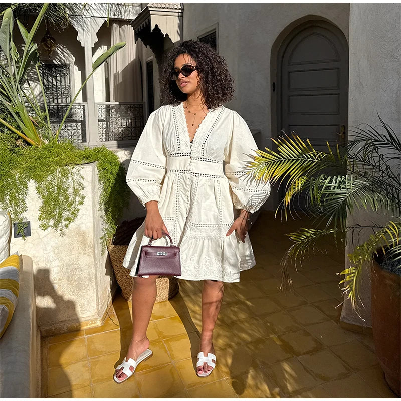 Elegant Lace Hollow Out Women's Long Dress Solid V-neck Patchwork Puff Sleeve Bodycon Dressess Female 2025 Spring New Lady Robes
