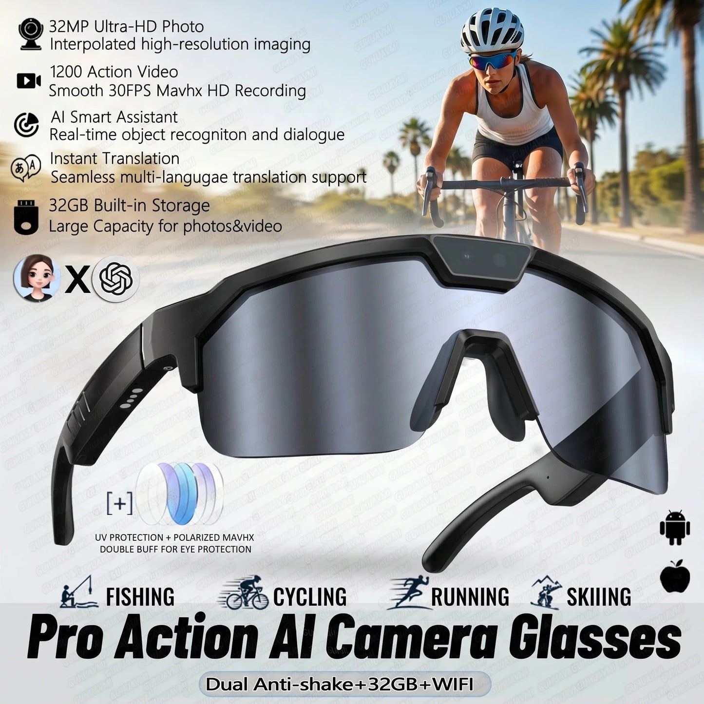 2026 New AI Smart Sports shooting&recording Glasses 800W Camera HD Anti-shake Bicycle Riding Shooting Artifact Windproof Goggles
