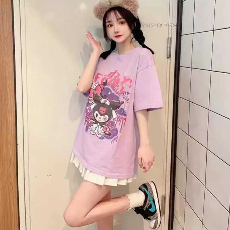 Sanrio Kuromi Summer 2023 Women's Clothes Japanese Fashion Y2k Short Sleeved White T-shirt Oversize Tops Young Girl Couples Tees